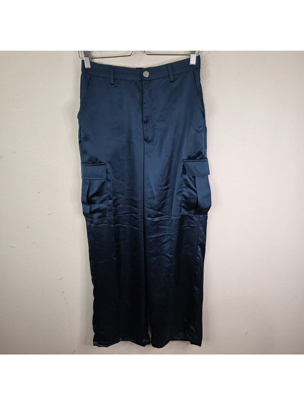Good Luck Gem Satin Cargo Pants Wide Leg Womens Size Large Teal Blue Y2K